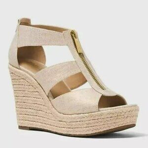 Michael Kors Damita Linen Wedge Sandal Sz 10 Pale Gold